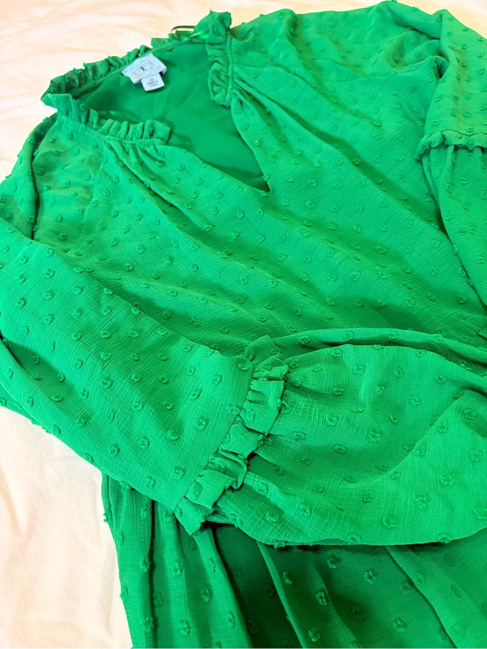 CeCe Green Textured Midi Dress with Ruffle Neckline